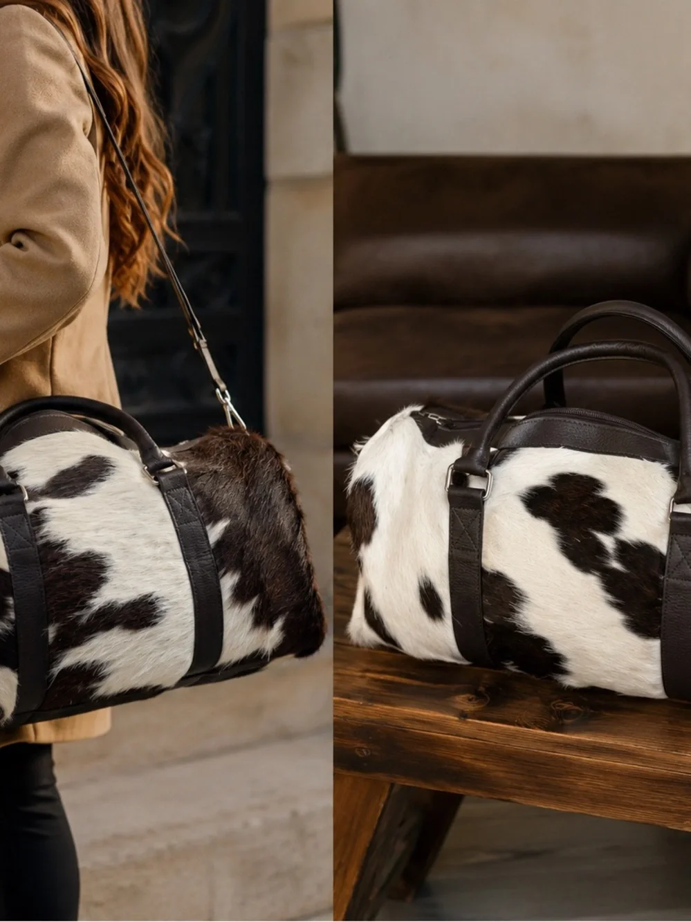 Genuine Cowhide Fur Duffle Bag with Dark Brown Leather Trim